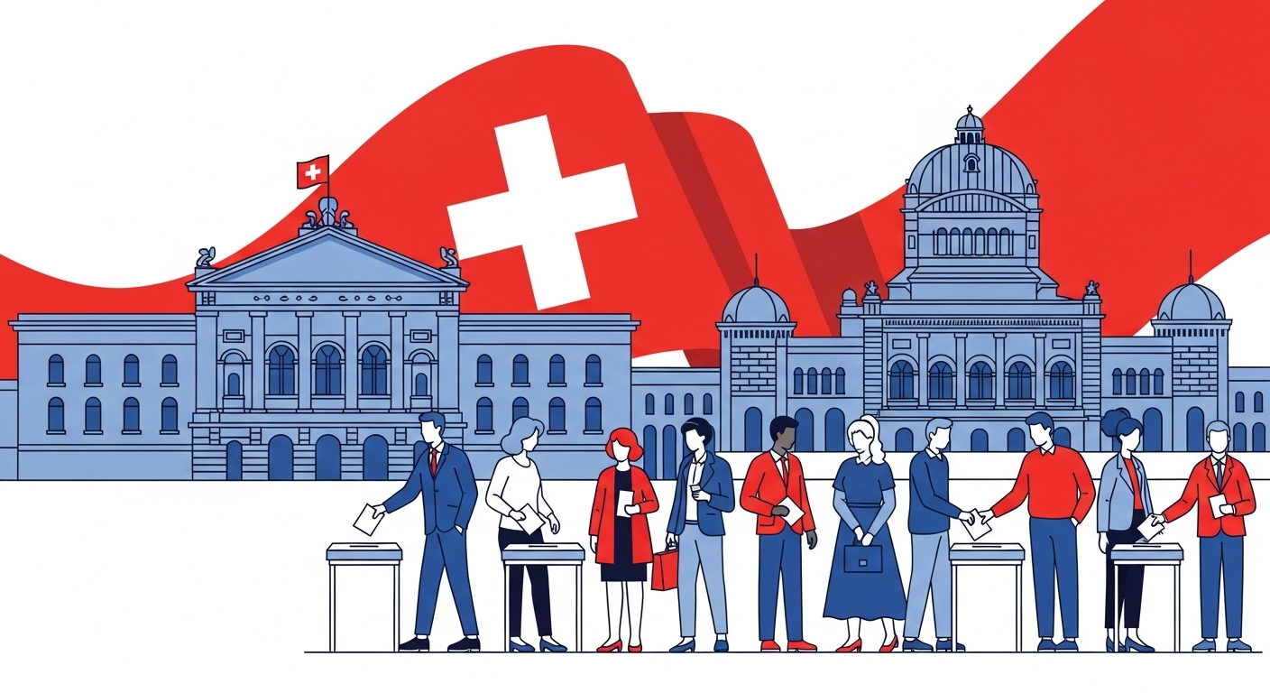 Illustration de la démocratie suisse · citoyens dans un paysage alpin
